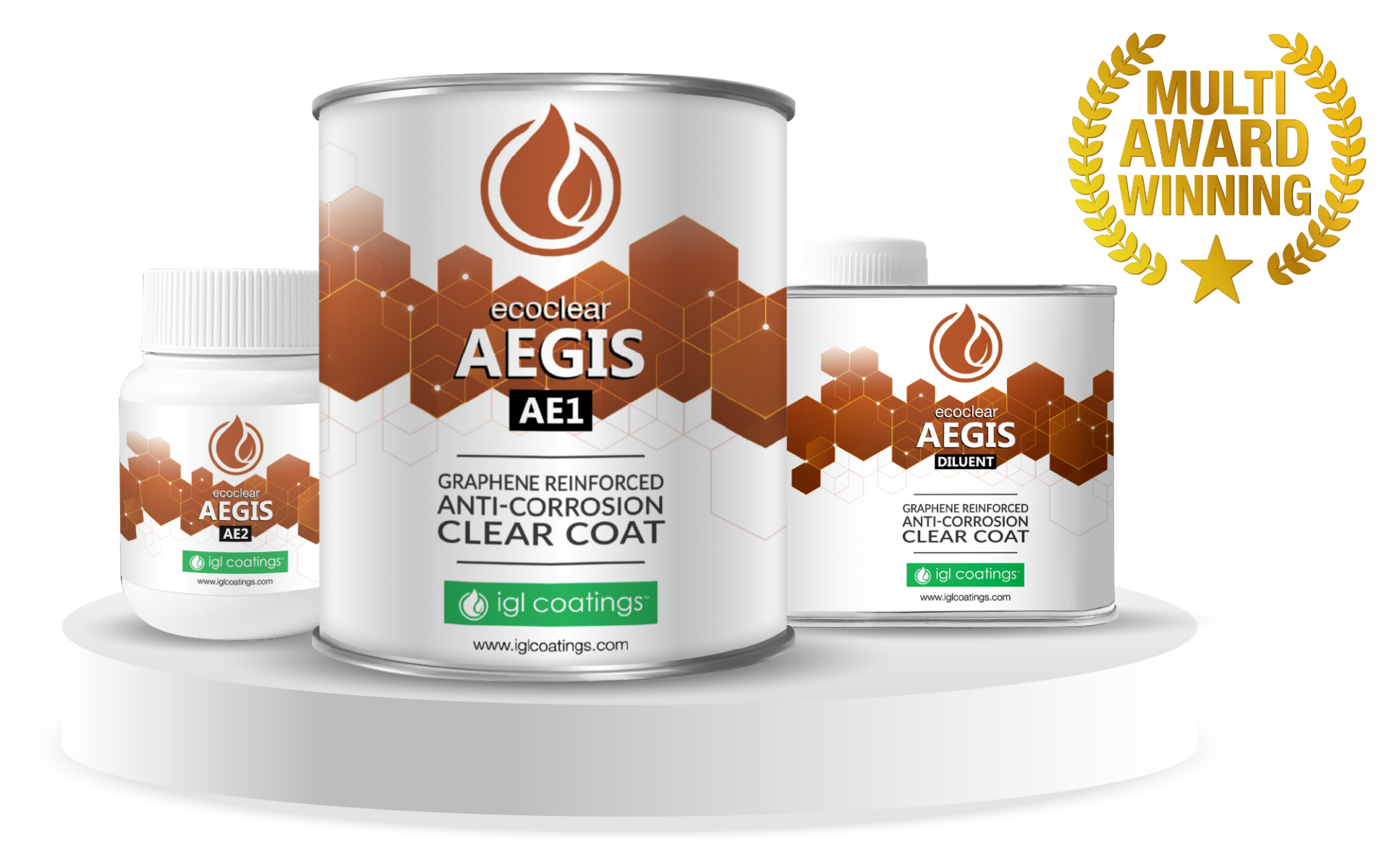 Three IGL Aegis coating tins of different sizes